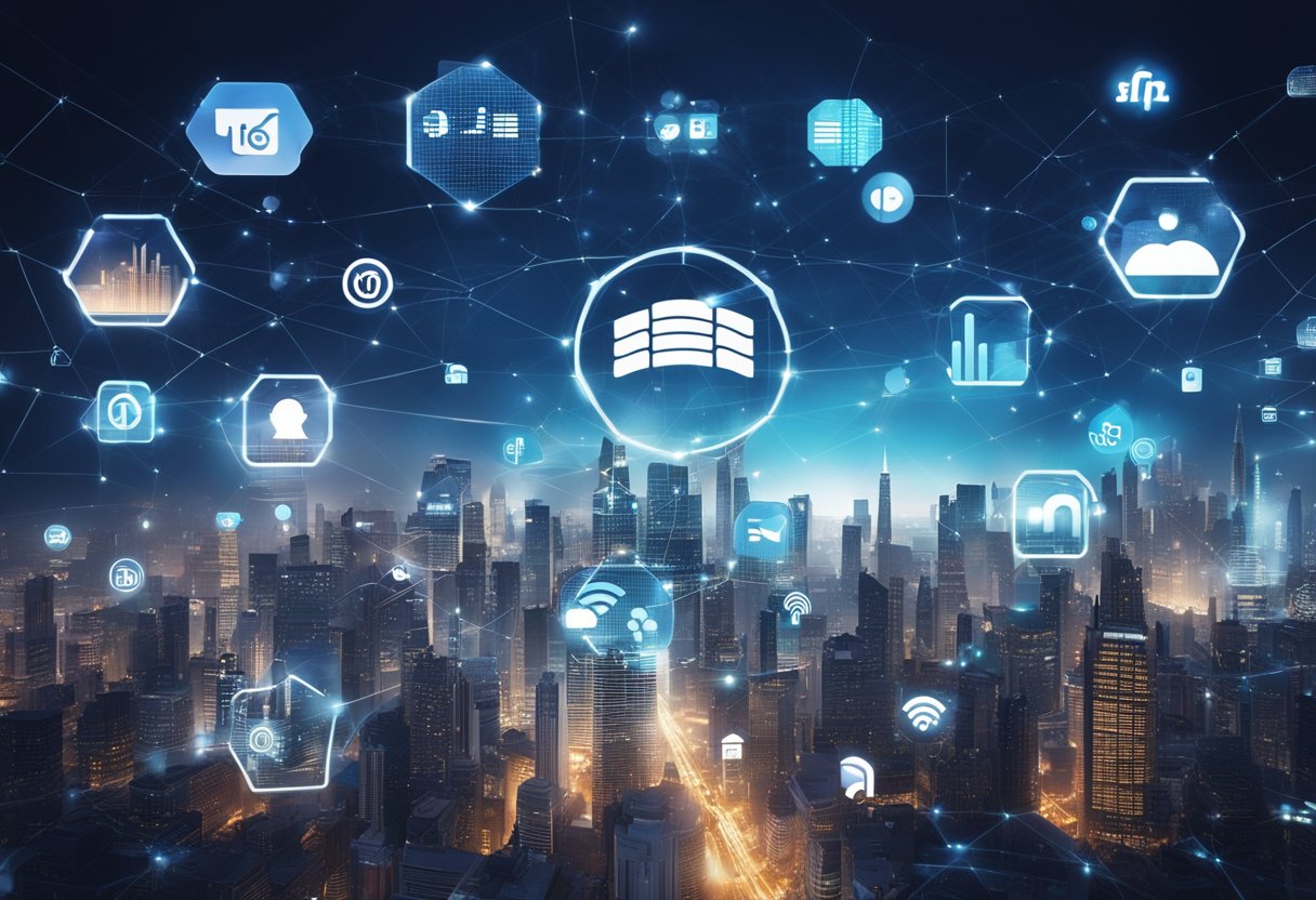 A futuristic city skyline with AI-powered social media logos floating above, while people interact with virtual reality interfaces below