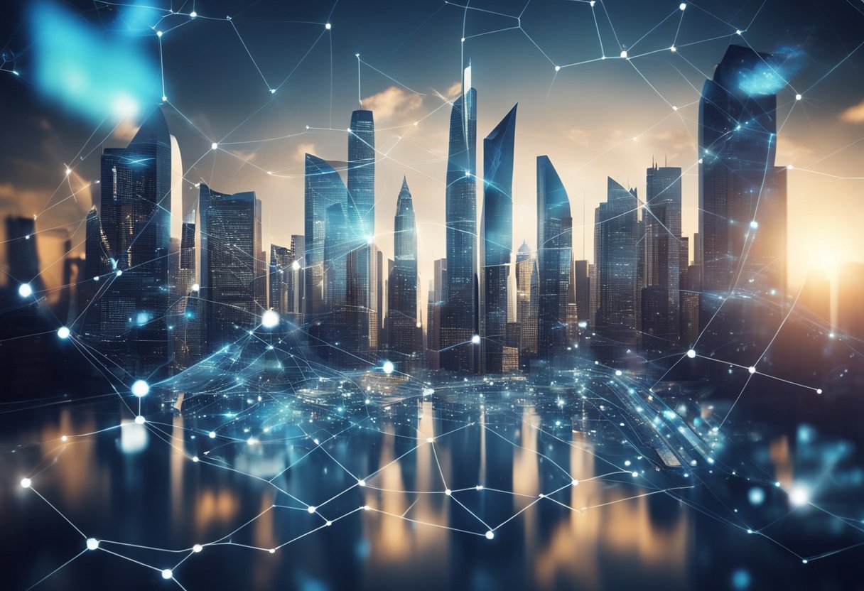 A futuristic city skyline with AI algorithms interacting with social media icons and data streams