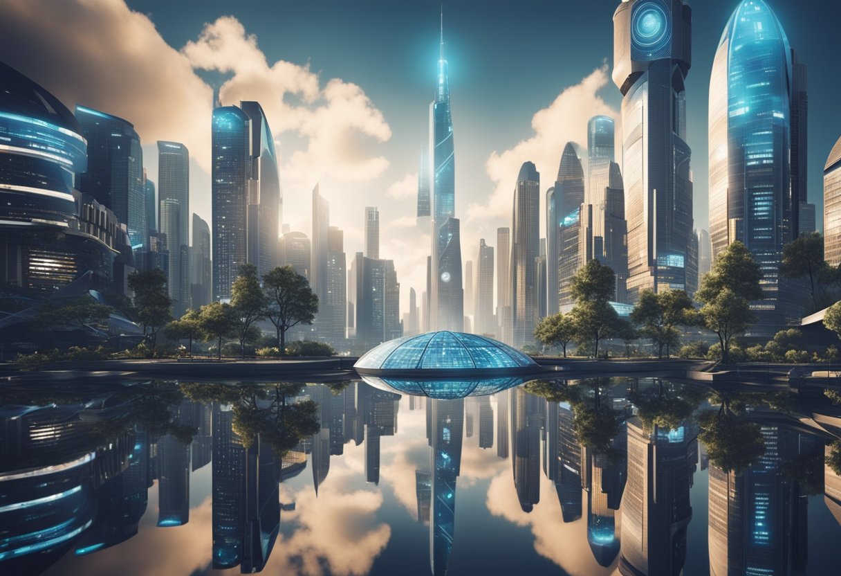 A futuristic city skyline with AI-powered social media platforms integrated into everyday life, presenting both opportunities and ethical dilemmas