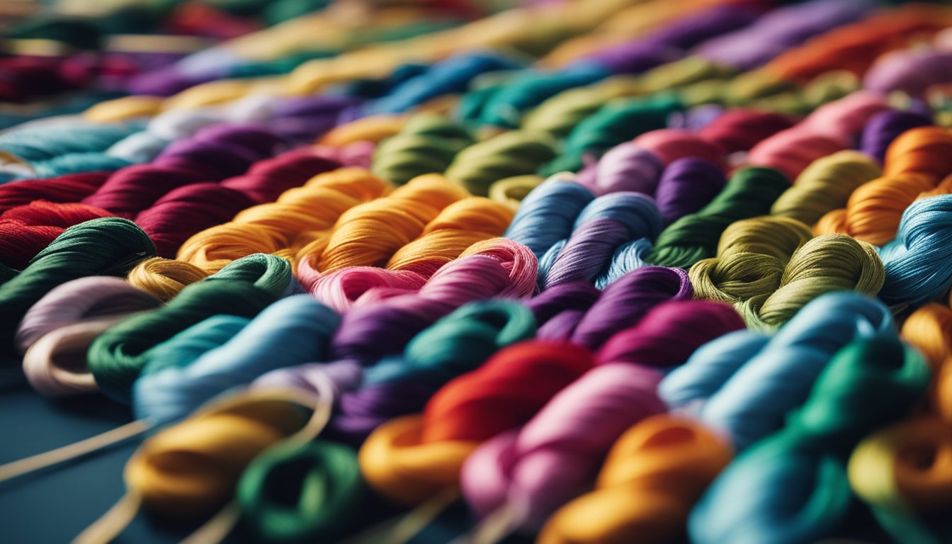 A needle pulling colorful embroidery thread through fabric