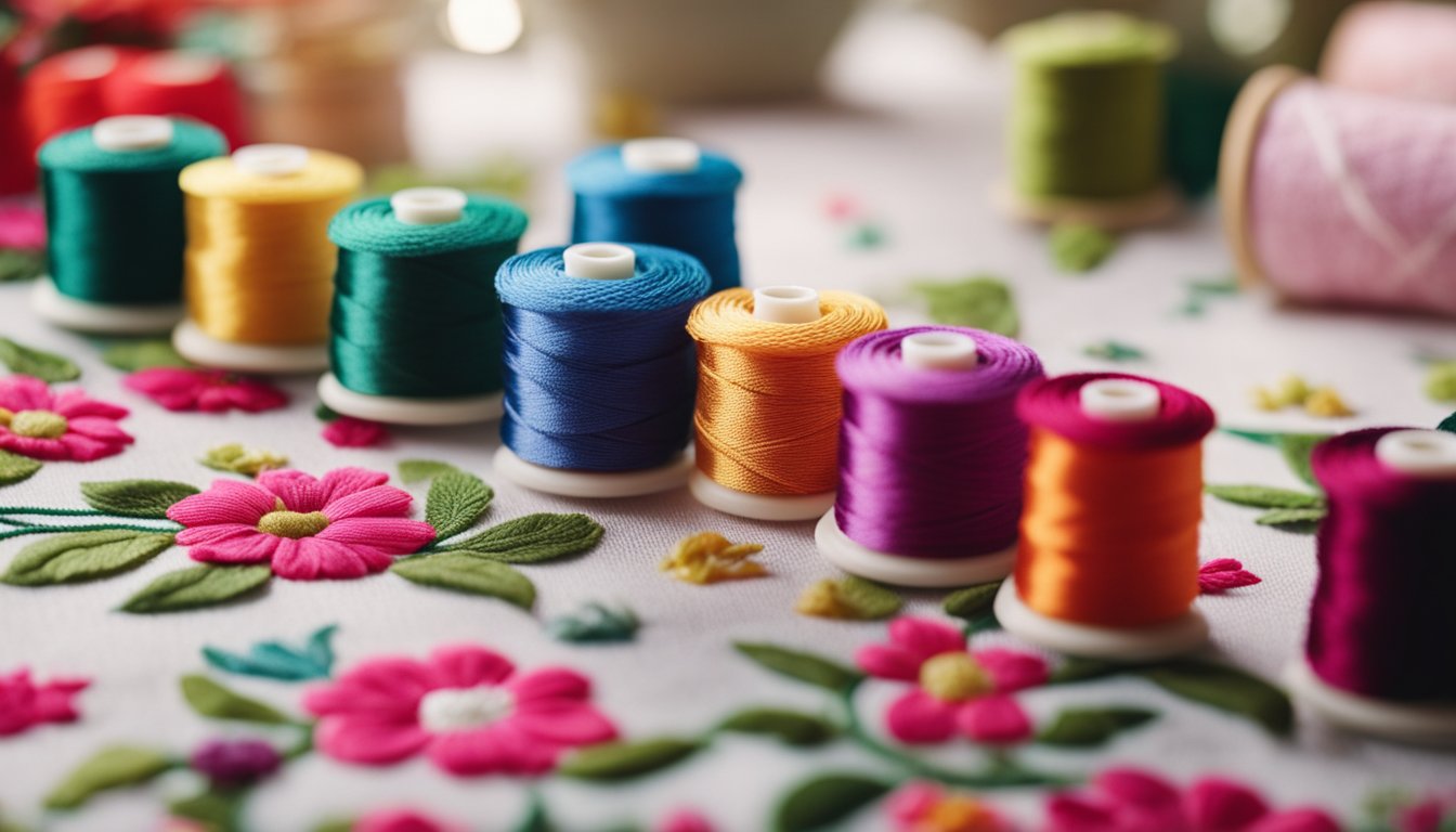 A needle pulling brightly colored embroidery thread through fabric, creating intricate stitches in a floral pattern