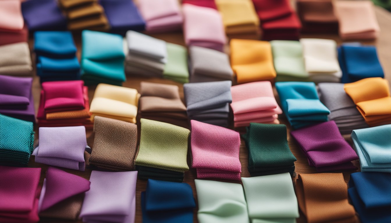 A stack of colorful fabric squares arranged on a table, with a sewing machine and quilting tools nearby