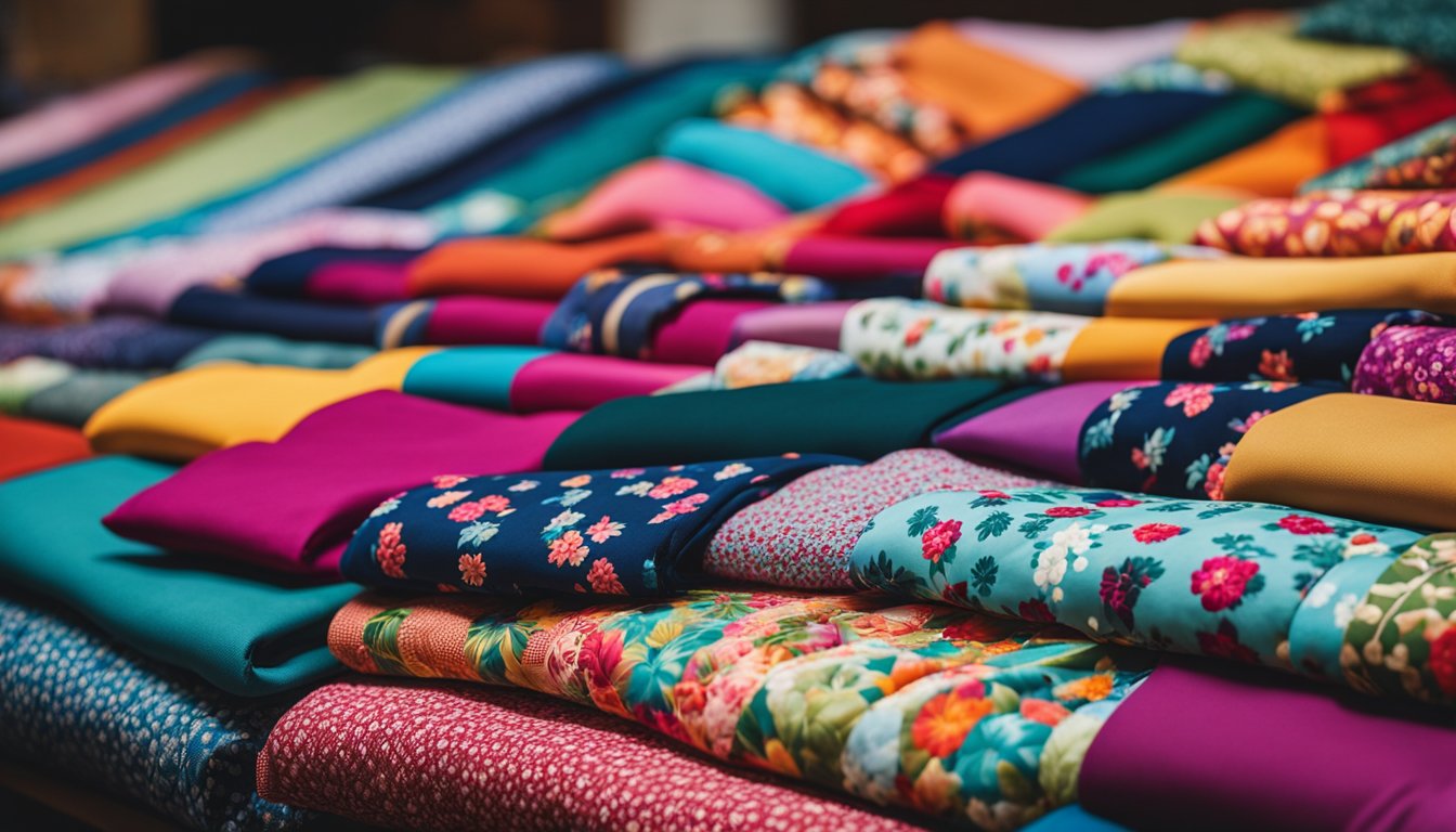 A variety of colorful and patterned fabrics neatly arranged on a table, ready to be used for quilting