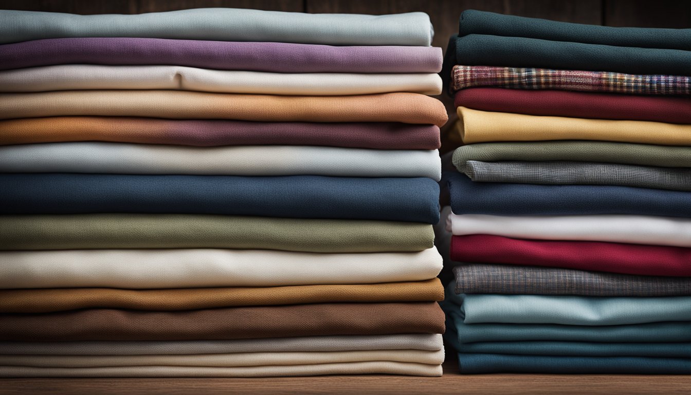 A colorful array of cotton, flannel, and linen fabrics neatly stacked on a wooden table, ready to be used for quilting