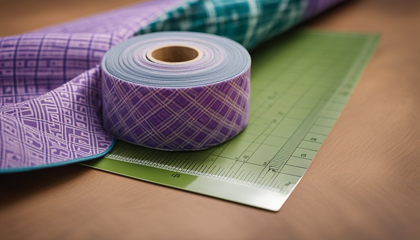 A jelly roll of patterned fabric unrolled on a cutting mat with a rotary cutter and ruler nearby