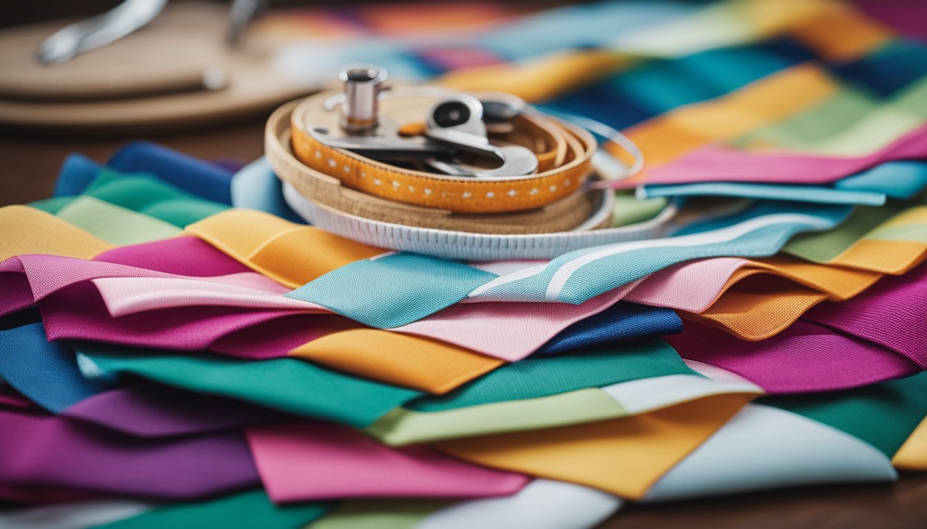 A table with fabric strips arranged in colorful patterns, scissors, and a sewing machine