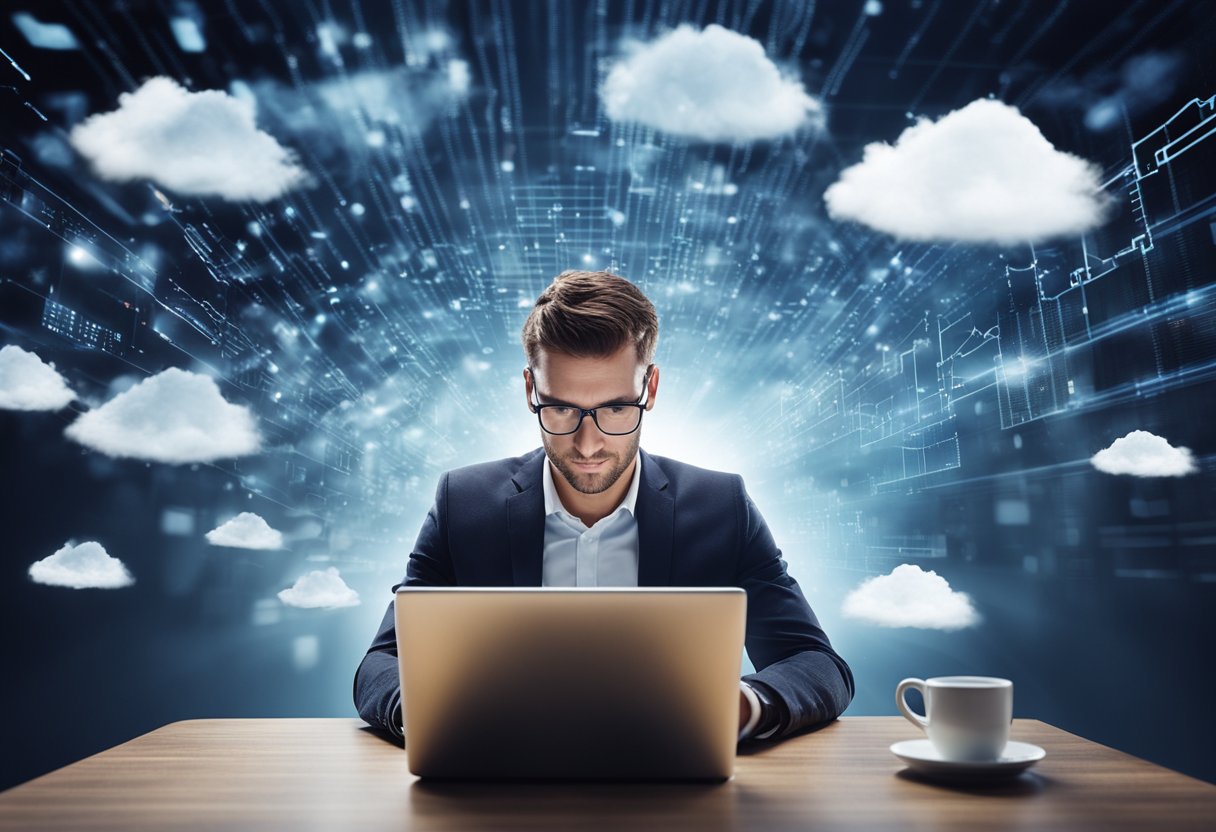 A small business owner working on a laptop while clouds of data and information flow into a virtual cloud above them