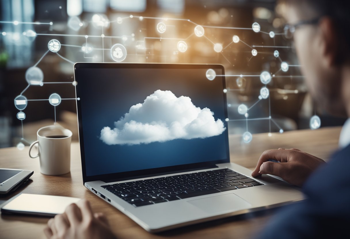 A small business owner working on a laptop with a cloud hovering above, representing the impact of cloud computing on their operations