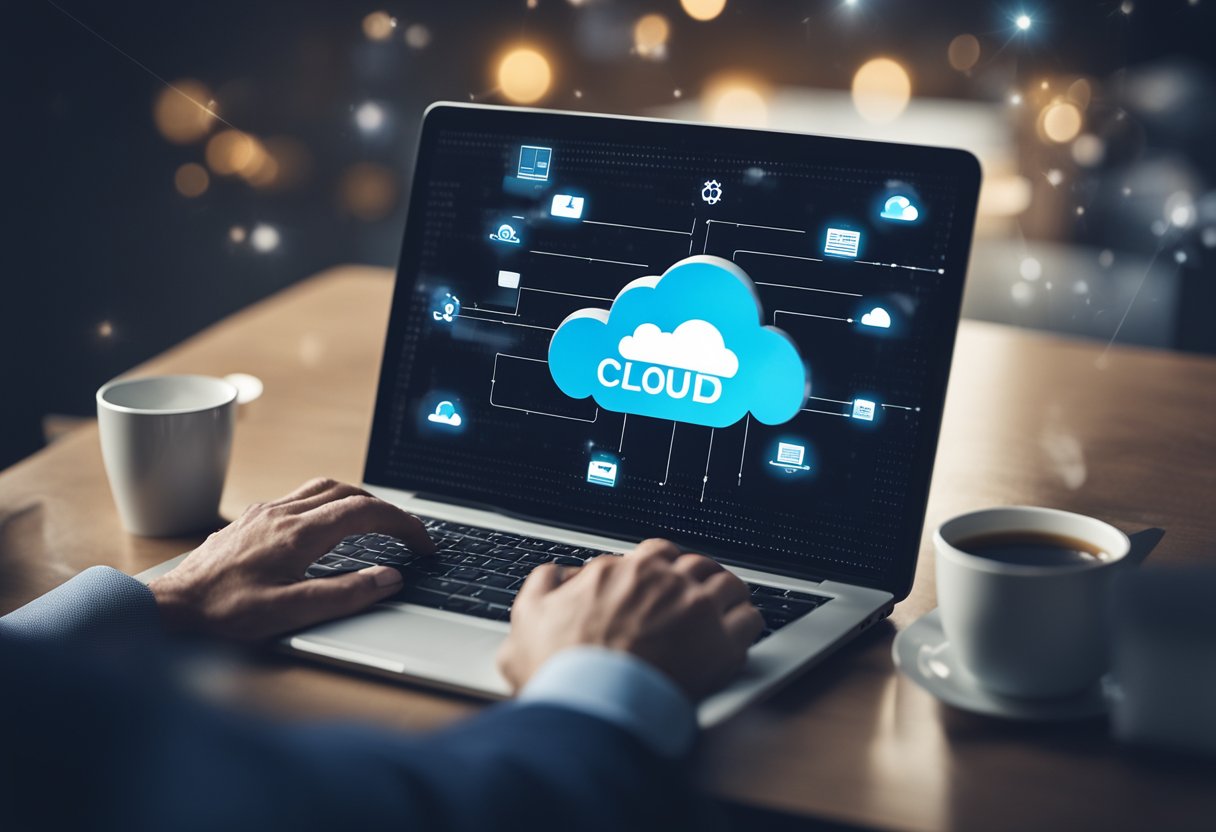 A small business owner works on a laptop with a cloud icon, while a virtual server hovers above, representing the business advantages of cloud computing