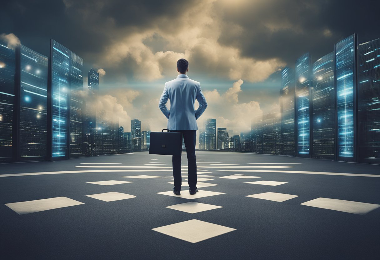 A small business owner standing at the crossroads, with one path leading to traditional on-premise servers and the other to the cloud, symbolizing the decision-making process for security and compliance in cloud computing