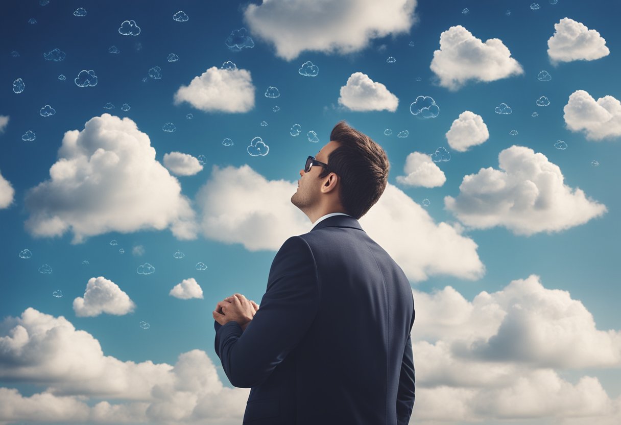 A small business owner looks up at a sky filled with interconnected clouds, representing the growth and impact of cloud computing on their company