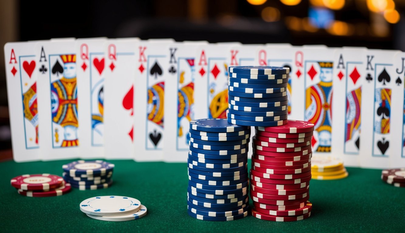 Sekelompok chip poker ditumpuk rapi dalam barisan di atas meja felt hijau, dengan kartu permainan yang tersebar di latar belakang