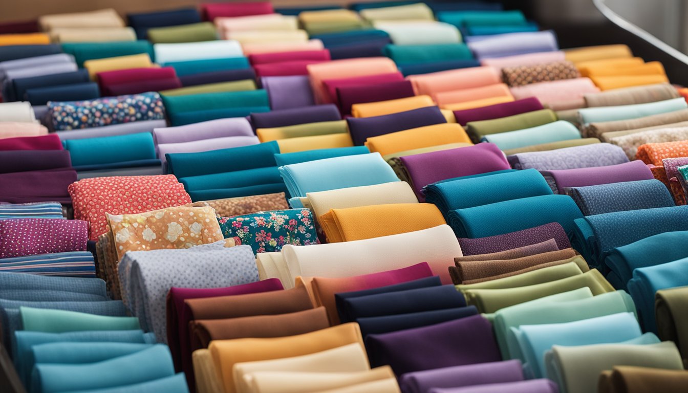 A stack of 5-inch fabric squares in coordinating prints and colors, neatly arranged in a clear plastic package, ready for quilting