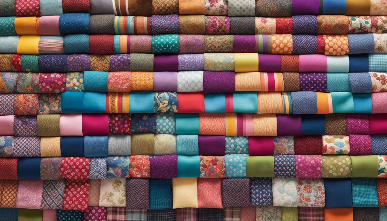 A colorful assortment of 5-inch fabric squares arranged neatly in a stack, with various patterns and designs, ready to be used for quilting