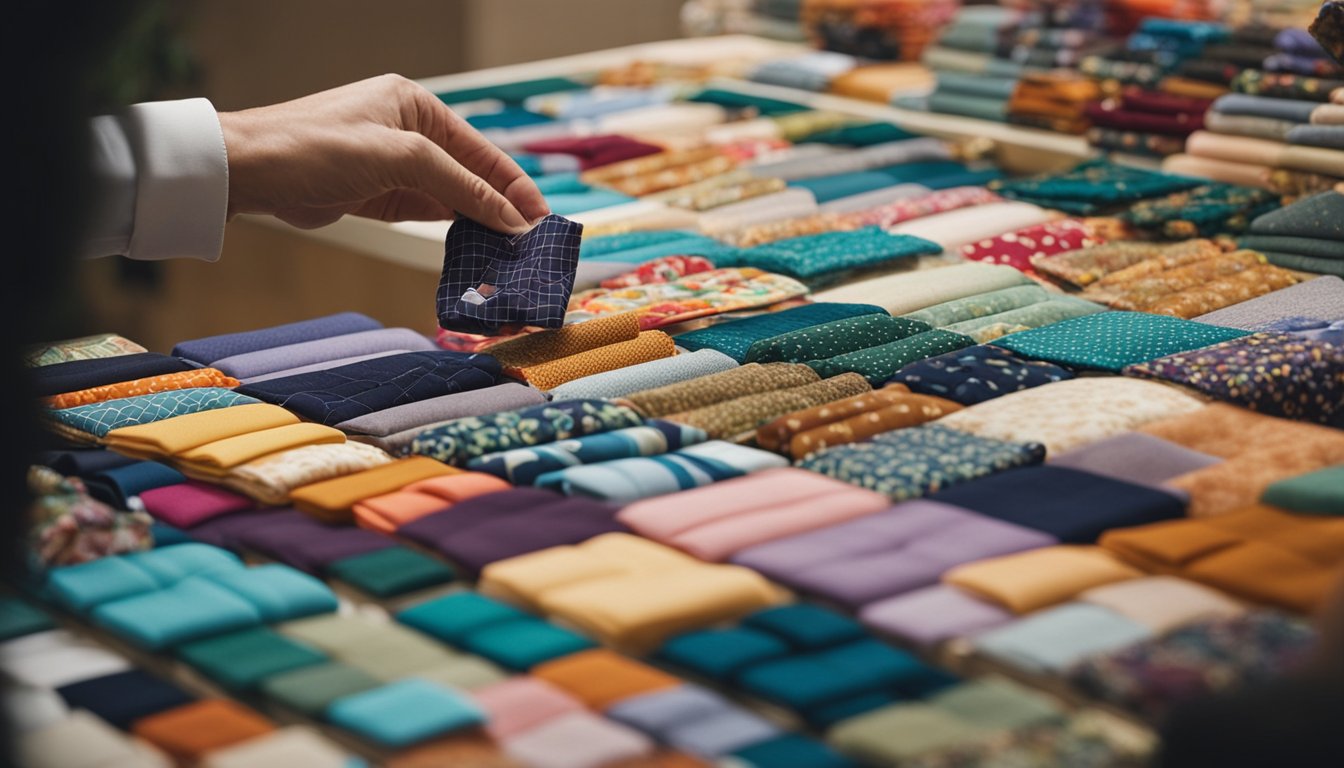 A quilter carefully selects a colorful charm pack from a display of neatly arranged fabric squares