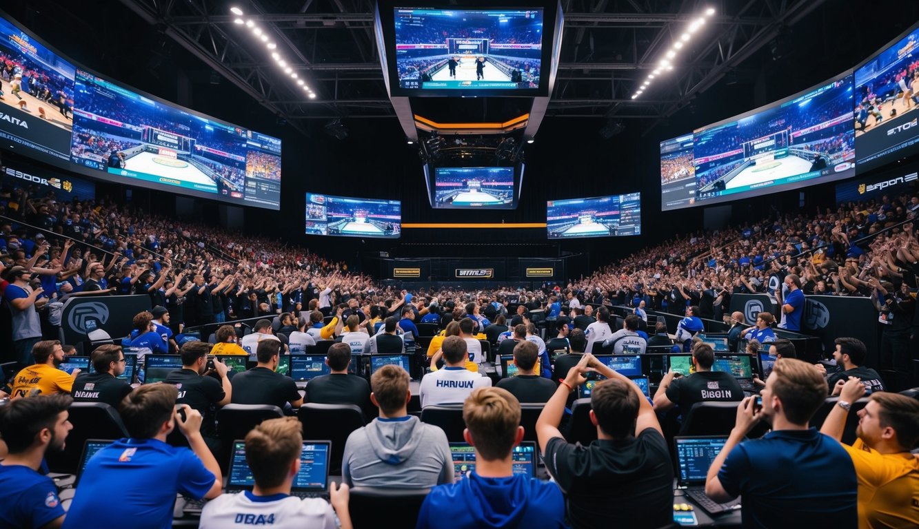 Sebuah arena yang ramai dengan layar besar yang menampilkan pertandingan esports yang intens, dikelilingi oleh penggemar yang antusias bersorak dan memasang taruhan