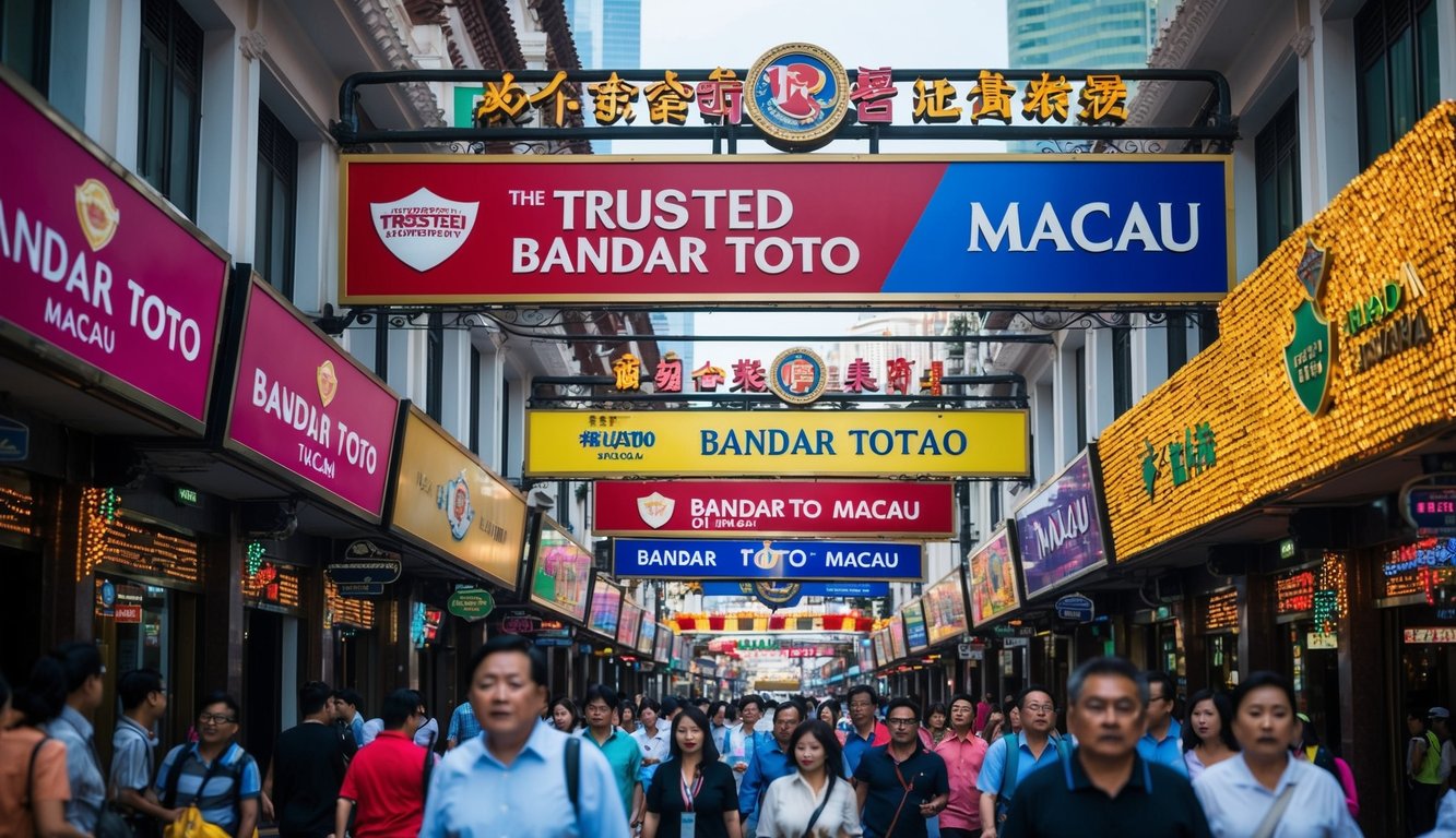 Sebuah jalan yang ramai di Makau dengan tanda dan spanduk berwarna-warni yang mengiklankan Bandar Toto Macau yang terpercaya. Pemandangan ini dipenuhi dengan energi dan kegembiraan.