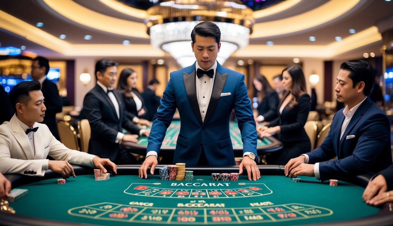 Sebuah pengaturan kasino mewah dengan meja baccarat dikelilingi oleh pemain dan seorang dealer. Dekorasi yang elegan dan suasana taruhan tinggi.