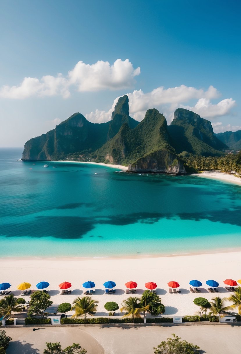Aerial view of 5 picturesque beaches in Bali with clear blue waters, white sandy shores, lush greenery, and colorful umbrellas dotting the coastline
