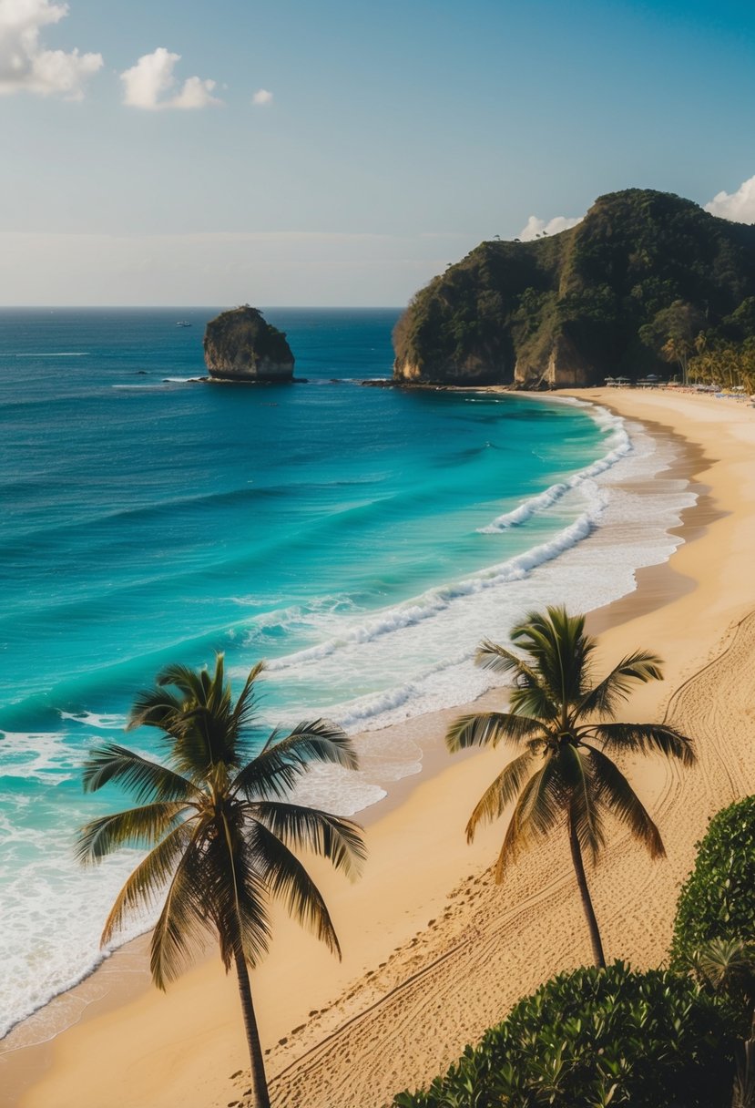 Golden sand, turquoise waves, palm trees, and distant cliffs at Seminyak Beach, one of Bali's top 5 beaches