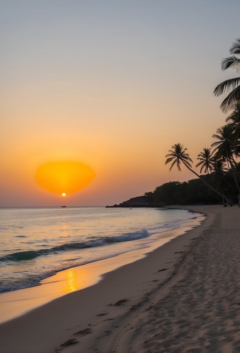 The sun sets over Nusa Dua Beach, casting a warm glow on the golden sand and crystal-clear waters, with palm trees swaying gently in the breeze