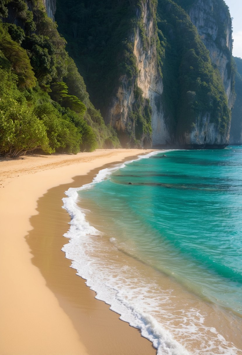 The golden sand of Padang Padang Beach stretches along the turquoise waters, framed by towering cliffs and lush greenery. Gentle waves roll onto the shore, creating a serene and picturesque scene