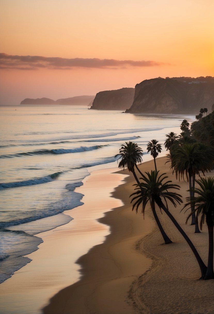 A serene beach with golden sand, calm waves, and a picturesque sunset. Palm trees line the shore, while distant cliffs frame the scene