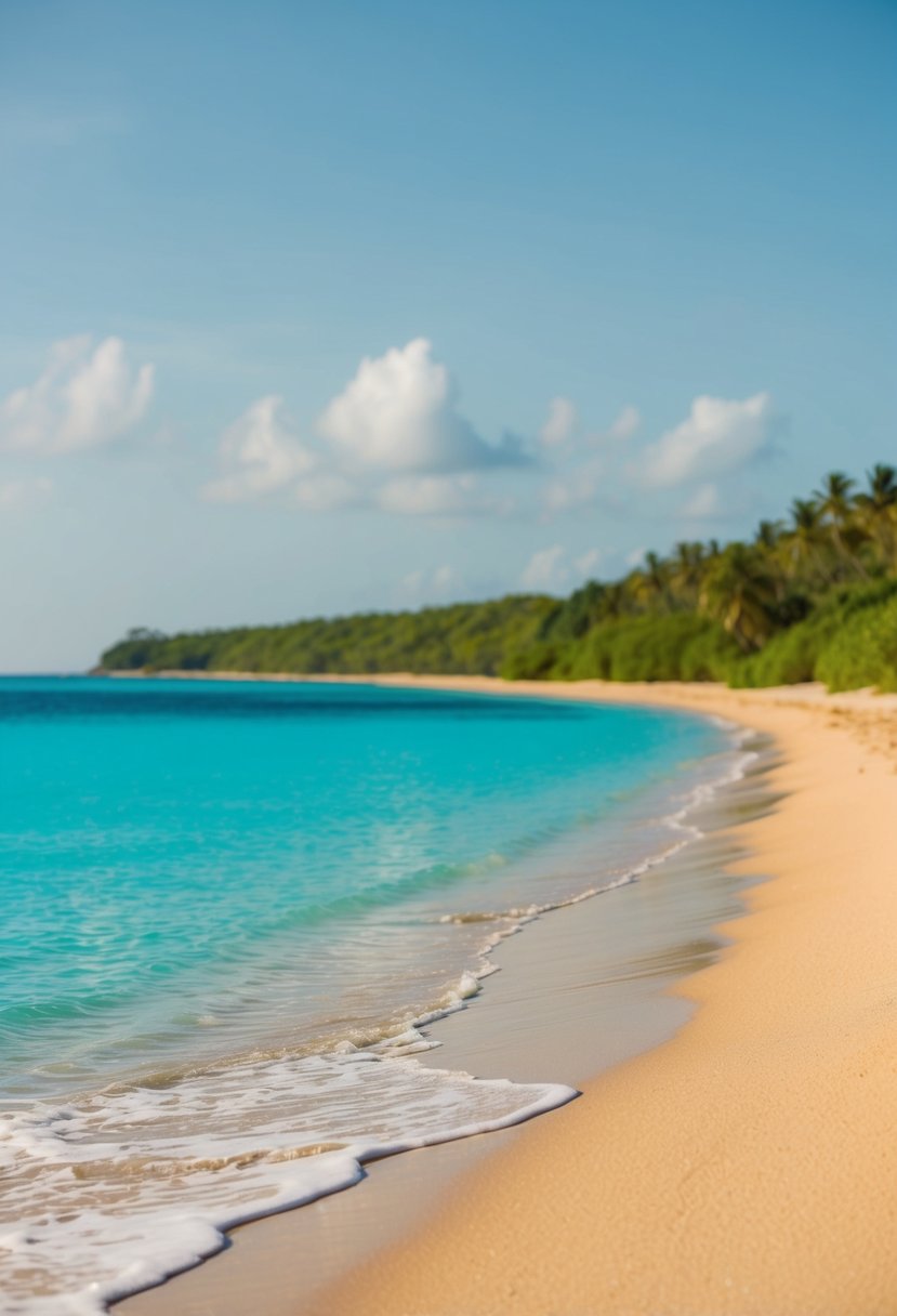 A serene beach with turquoise waters, golden sand, and lush greenery along the coastline