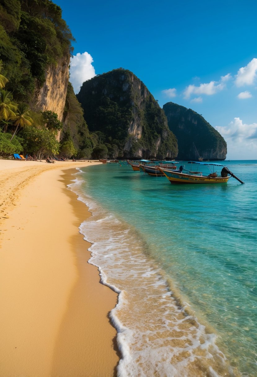 Crystal clear waters lap against golden sandy shores, framed by lush greenery and towering cliffs. Colorful fishing boats dot the horizon, adding to the idyllic charm of Bali's beaches