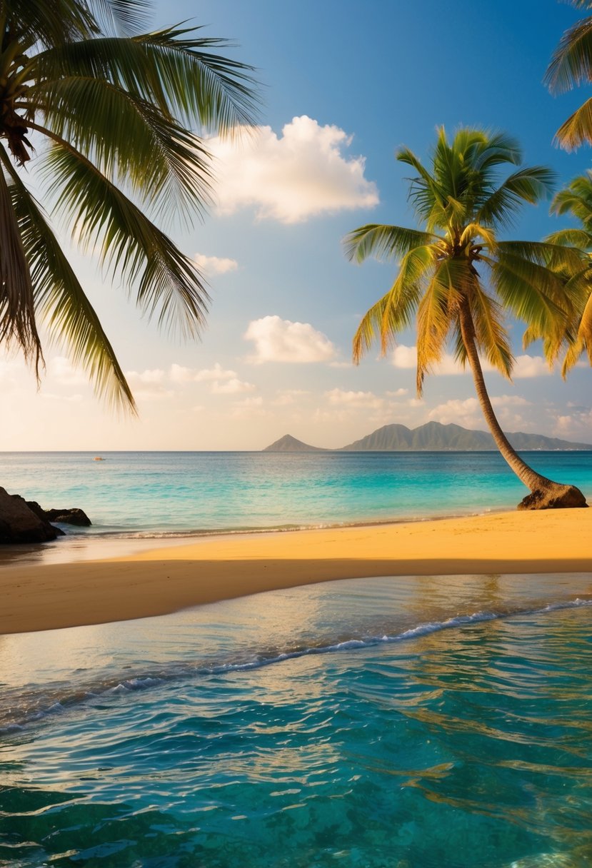 Crystal clear water laps gently against golden sand. Palm trees sway in the warm breeze, framing the picturesque view of Bali's best beaches