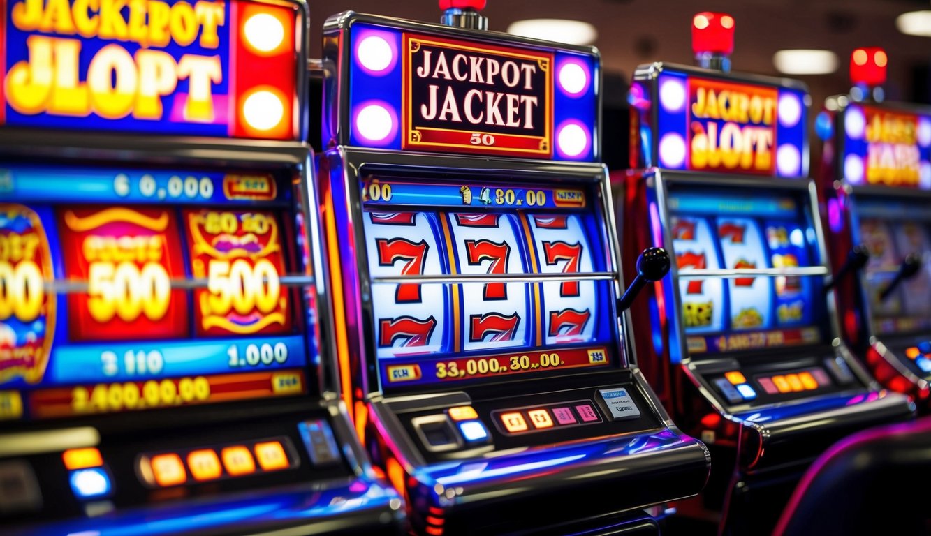 Sebuah mesin slot berwarna-warni dengan lampu berkedip dan tampilan jackpot besar