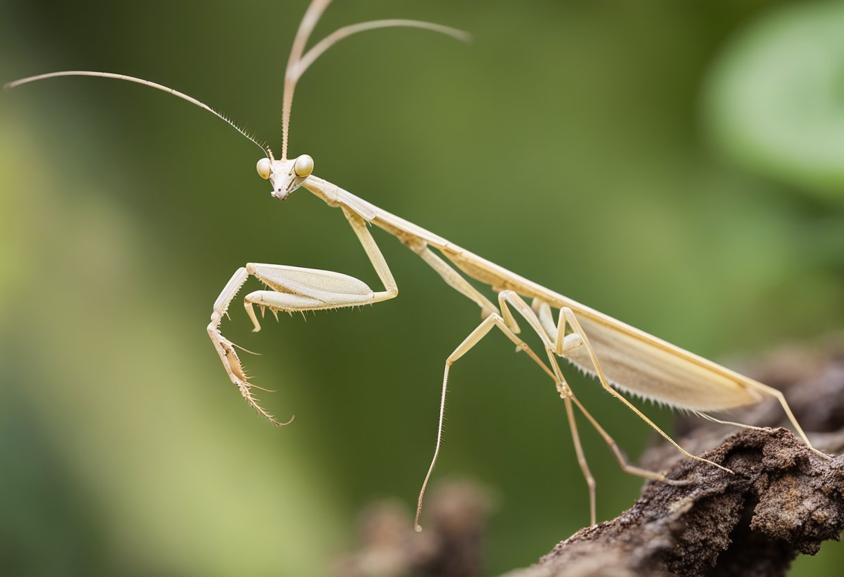 A Ghost Mantis perched on a thin branch, its body angled forward and head turned to the side, showcasing its intricate camouflage and delicate features