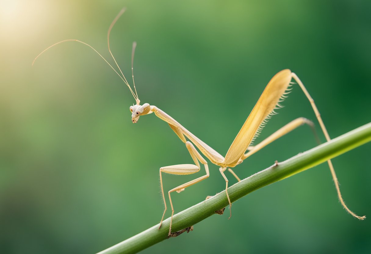 A Ghost Mantis perched on a delicate branch, its slender body and elongated limbs blending seamlessly with the foliage