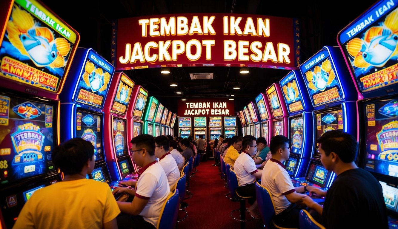 Sebuah arcade yang ramai dipenuhi dengan lampu berwarna-warni yang berkedip dan suara obrolan penuh semangat saat para pemain mencoba keberuntungan mereka di permainan "Tembak Ikan Jackpot Besar"