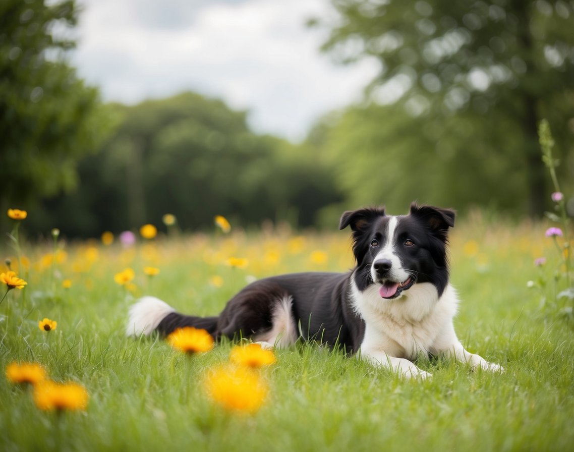 A dog lying on a grassy field, surrounded by calming natural elements like flowers, trees, and a gentle breeze