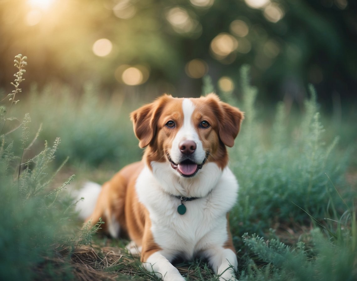 A peaceful, natural setting with a dog surrounded by calming elements such as soothing colors, soft textures, and gentle lighting