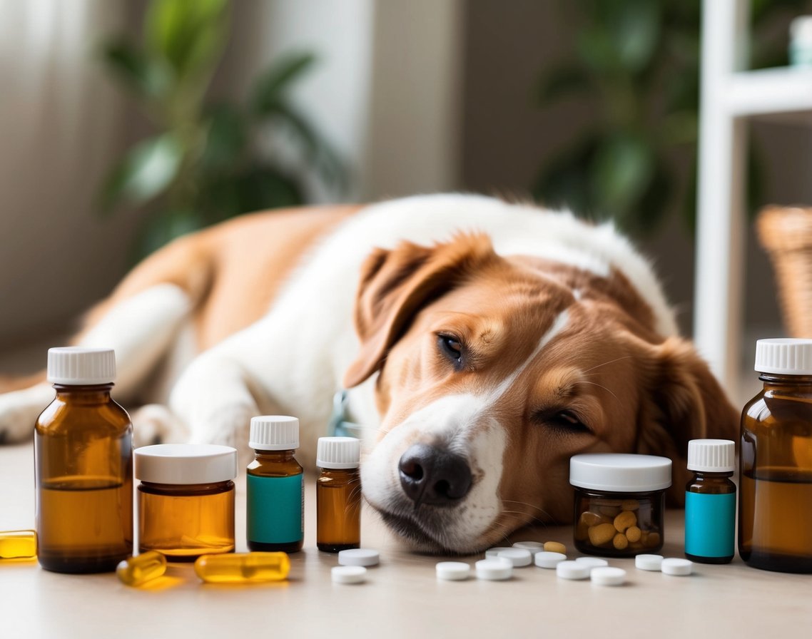 A dog peacefully resting while surrounded by natural remedies and medication for anxiety