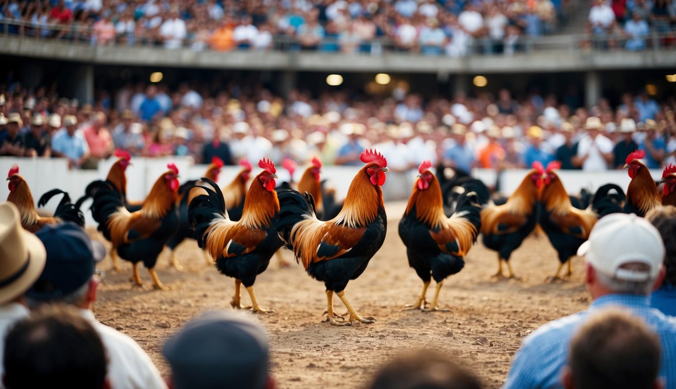 Sebuah arena luar ruangan yang ramai dengan ayam jantan di tengah, dikelilingi oleh penonton yang antusias