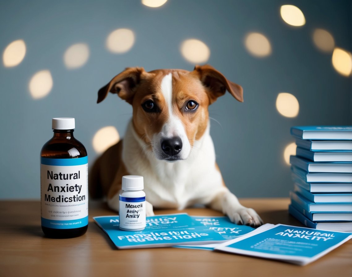 A dog anxiously waits by a bottle of natural anxiety medication, surrounded by a stack of frequently asked questions