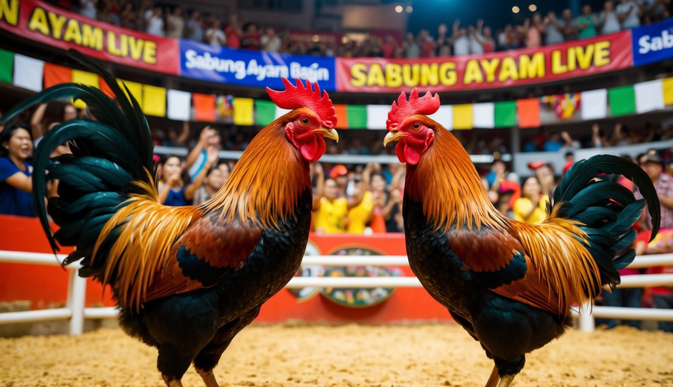 Dua ayam jantan saling berhadapan di arena yang ramai, dikelilingi oleh penonton yang bersorak dan spanduk berwarna-warni. Udara dipenuhi dengan antisipasi dan kegembiraan saat sabung ayam langsung dimulai.