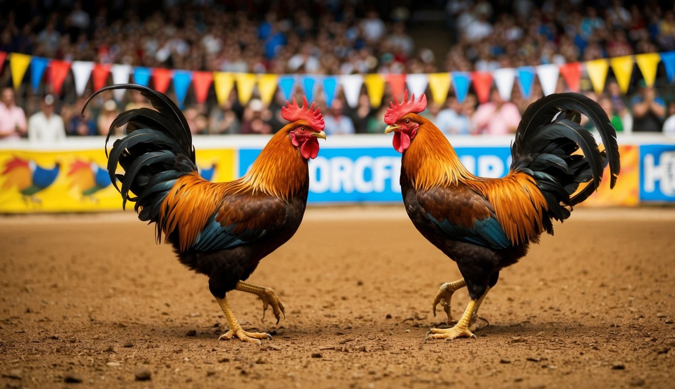 Dua ayam jantan berhadapan di arena yang ramai dengan lantai tanah, dikelilingi oleh penonton yang bersorak dan spanduk berwarna-warni