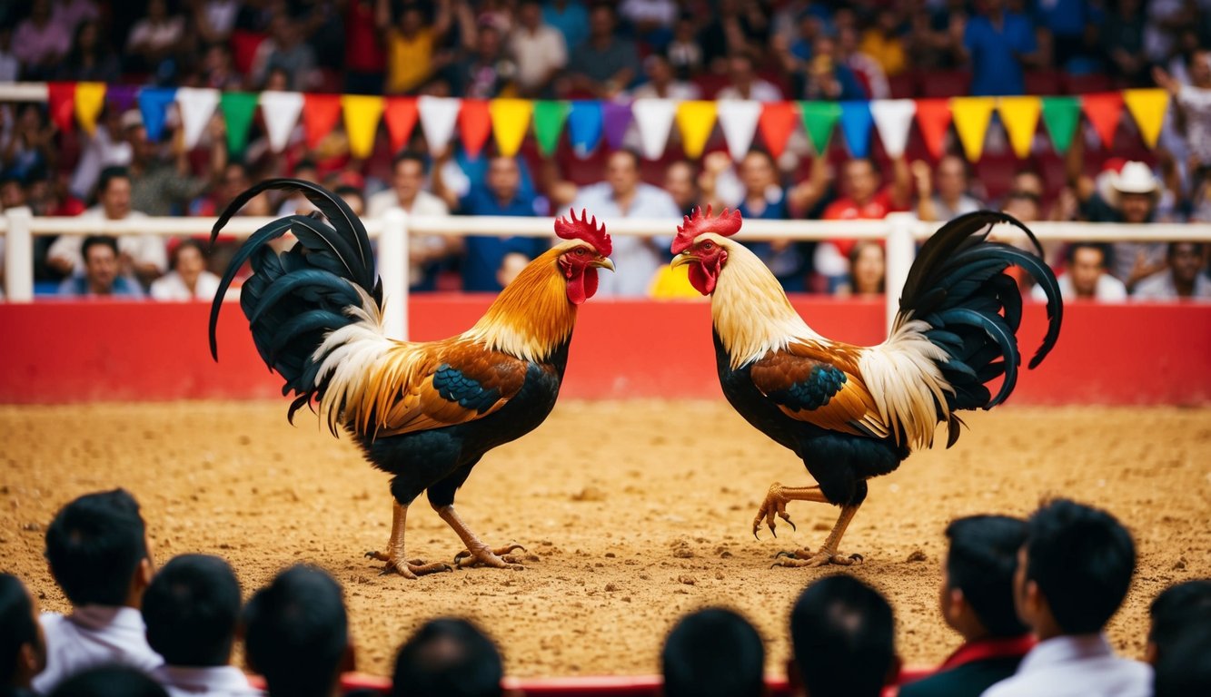 Sebuah arena yang ramai dengan dua ayam jantan yang saling berhadapan dalam pertarungan sengit, dikelilingi oleh penonton yang bersorak dan spanduk berwarna-warni.