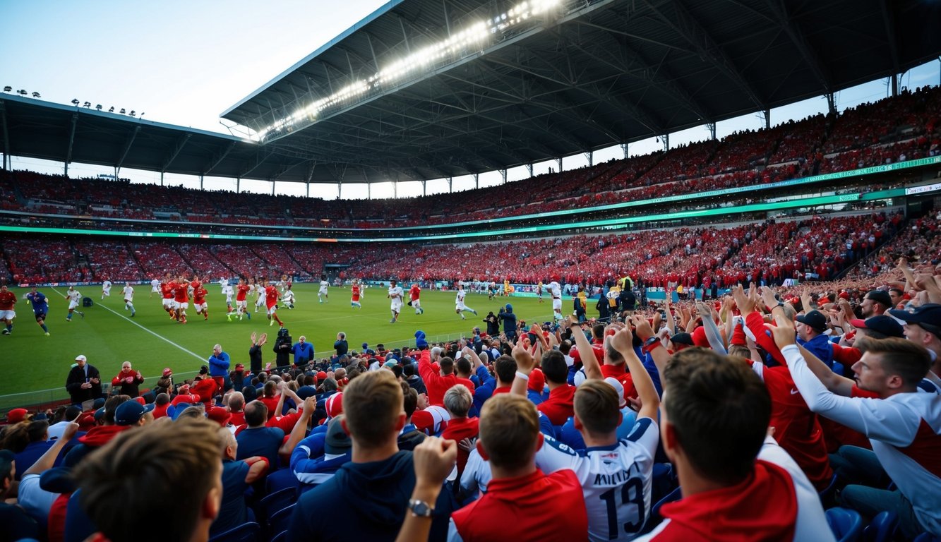 Sebuah stadion olahraga yang ramai dengan penggemar yang bersorak dan pemain yang beraksi di lapangan