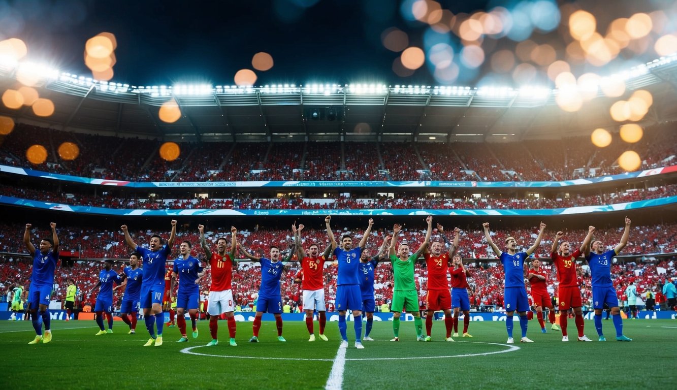 Sebuah stadion sepak bola yang ramai dengan penggemar yang bersorak dan pemain di lapangan