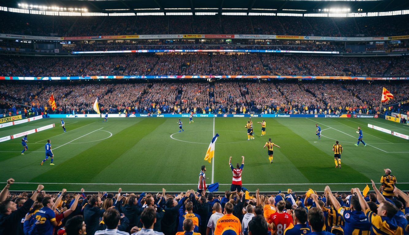 Sebuah stadion yang ramai dengan penggemar yang bersorak dan pemain di lapangan, dikelilingi oleh spanduk dan bendera dari berbagai tim