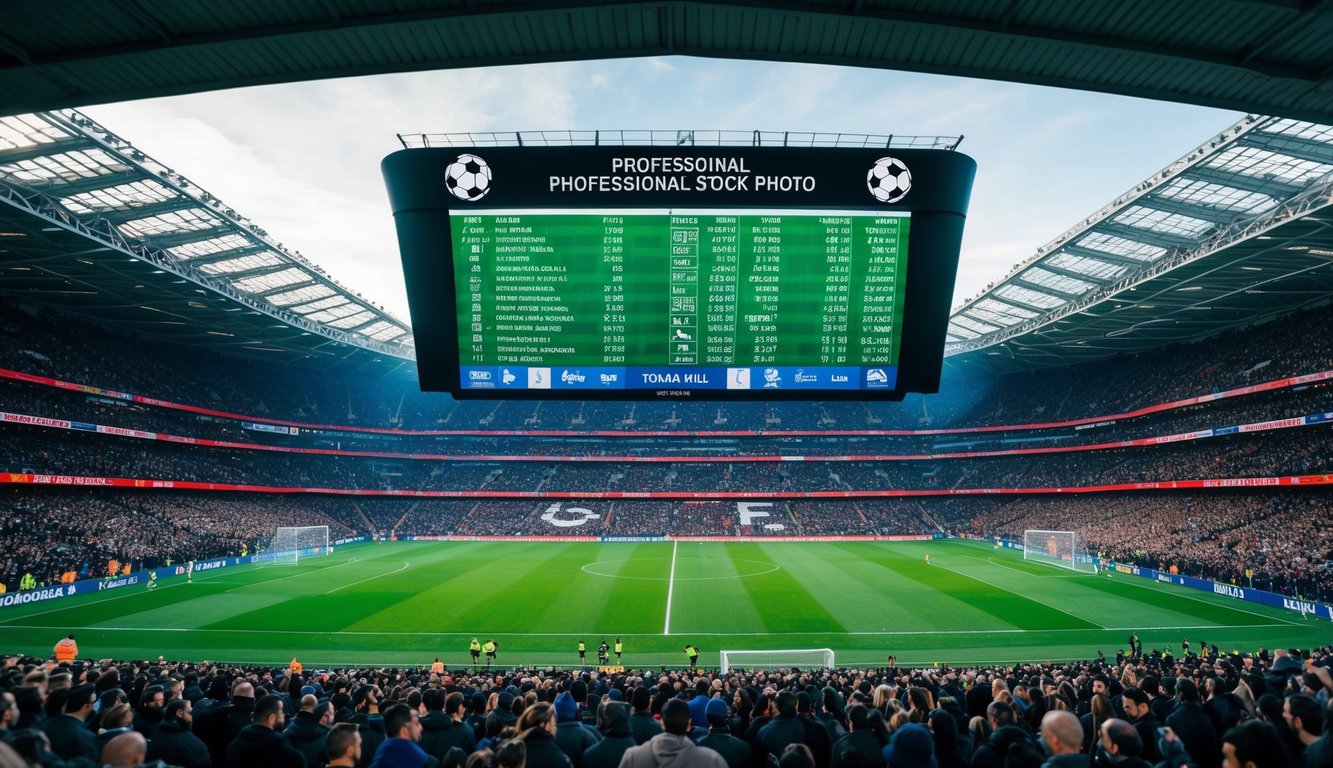 Sebuah stadion yang ramai dengan papan skor digital besar yang menampilkan odds yang berfluktuasi untuk pertandingan sepak bola