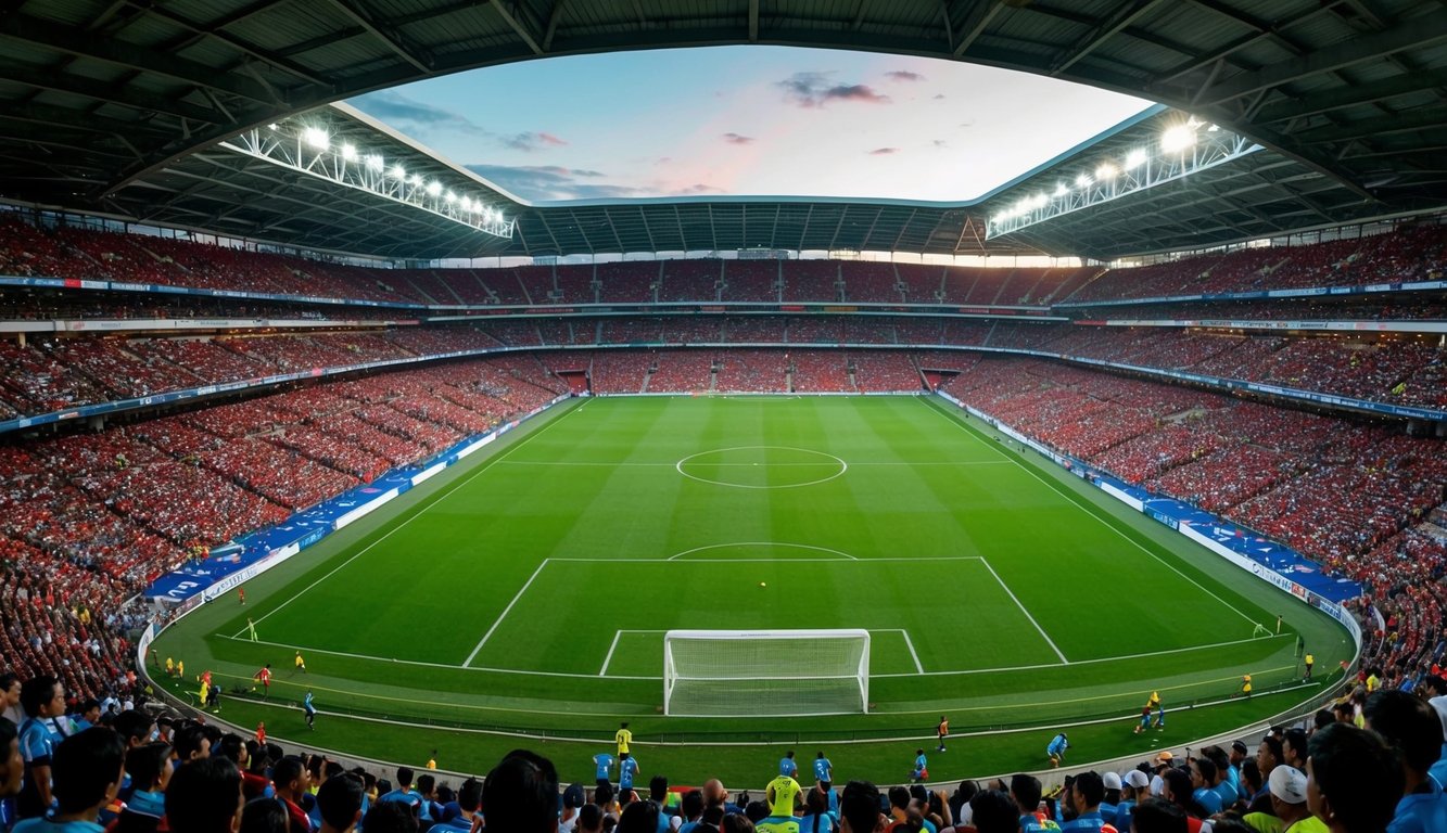 Sebuah stadion sepak bola yang ramai di Indonesia selama pertandingan