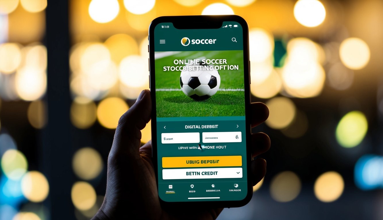 Sebuah ponsel dengan layar yang bersinar menampilkan situs web taruhan sepak bola online, dengan opsi deposit digital menggunakan kredit ponsel