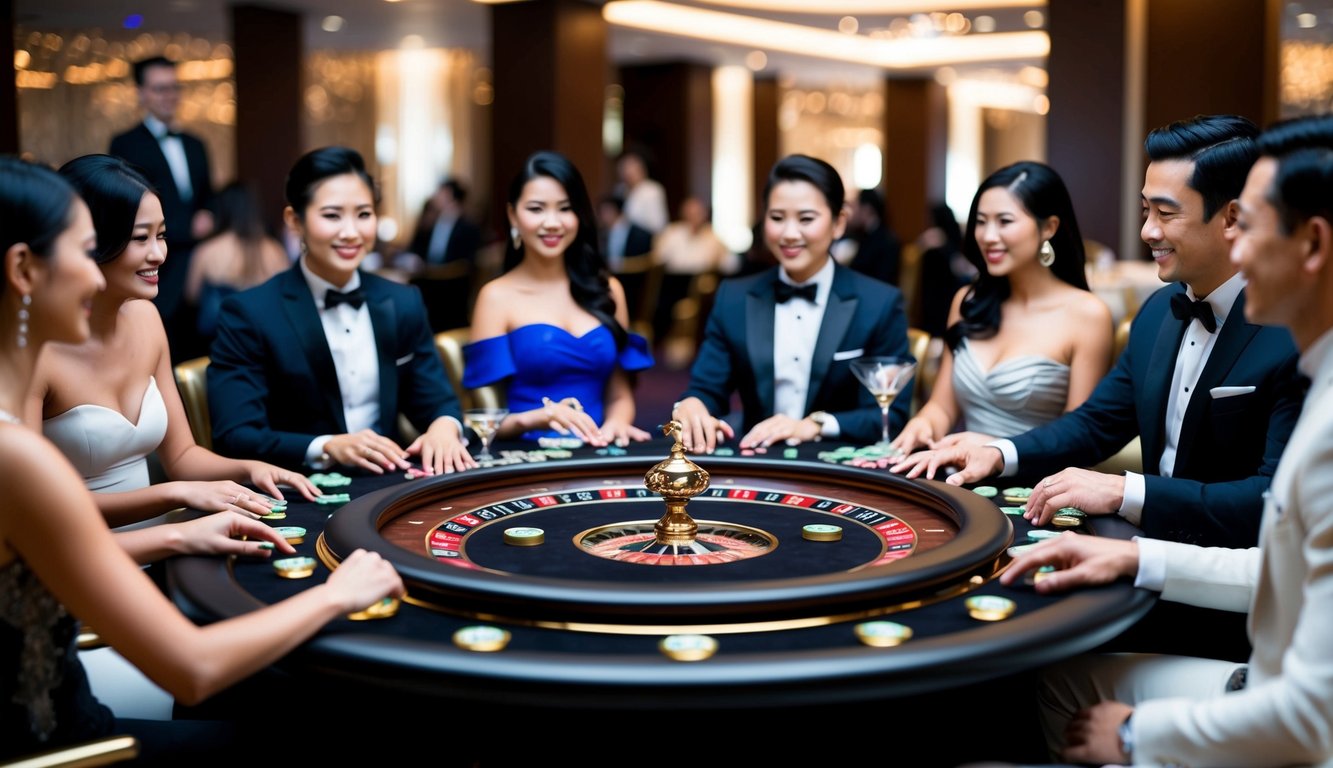 Sebuah meja kasino mewah dengan desain yang ramping dan modern, dikelilingi oleh pemain yang elegan dan canggih yang menikmati permainan Baccarat Online Terpercaya