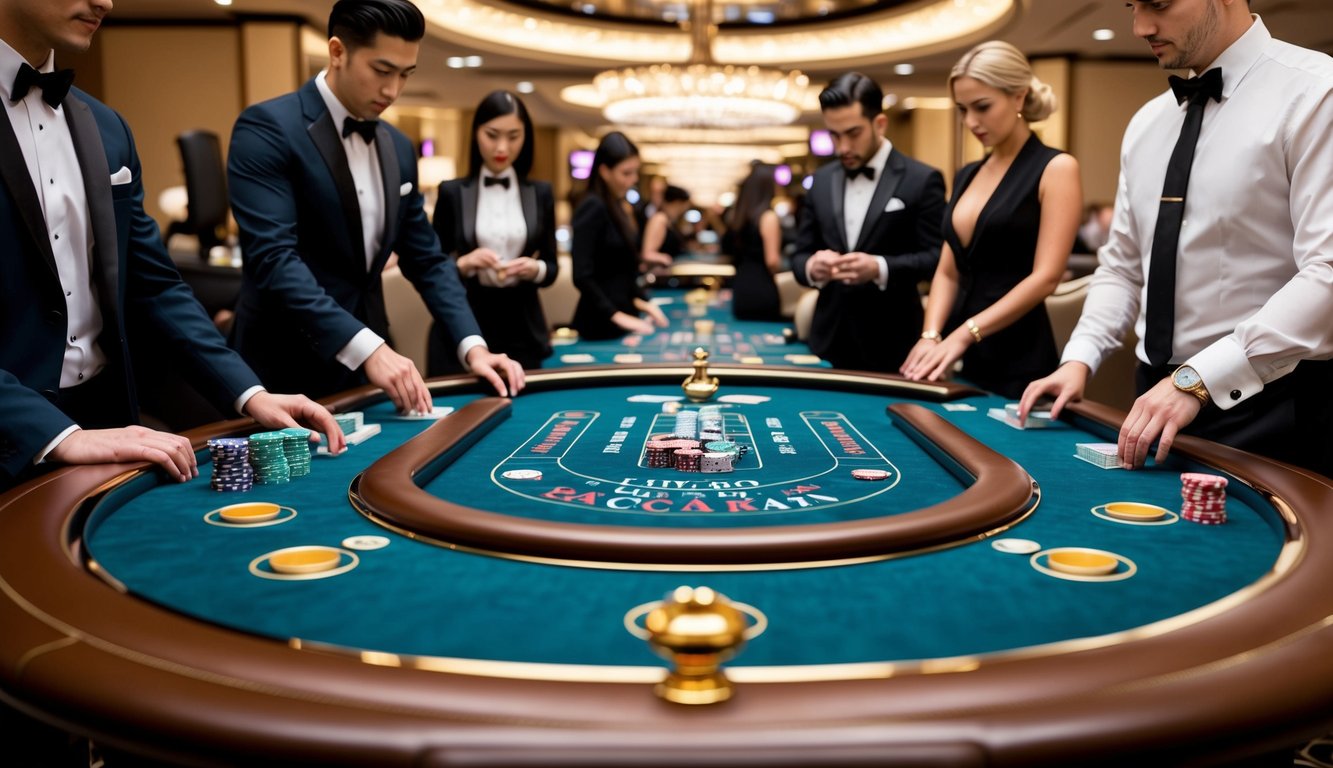 Sebuah meja kasino yang mewah dan elegan dengan pengaturan permainan baccarat yang ramping, dikelilingi oleh dealer langsung yang perhatian dan pemain yang terfokus pada permainan.